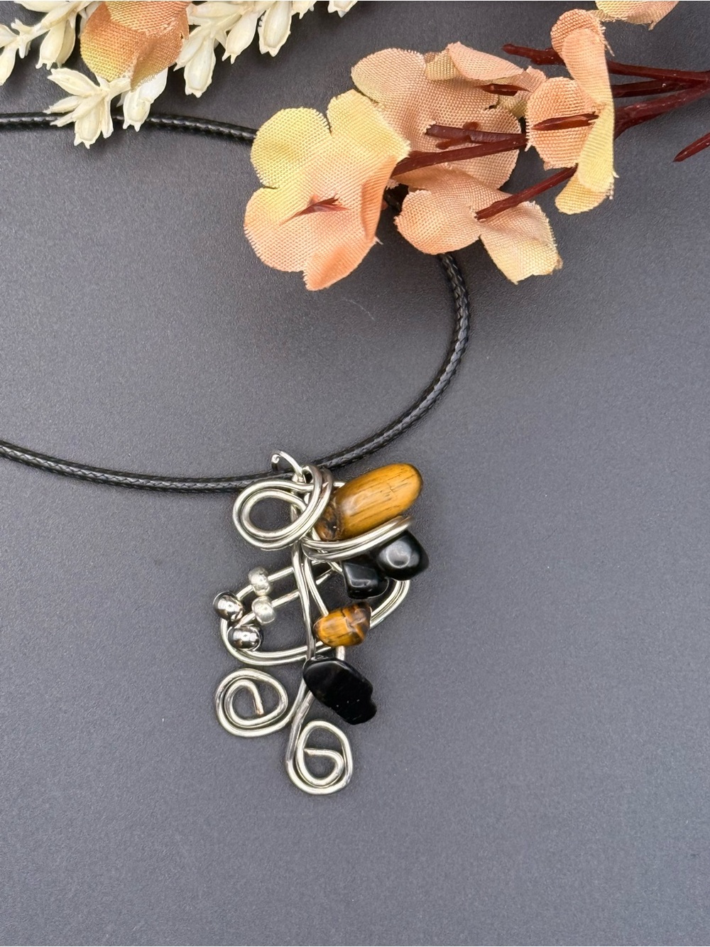Artisan Whimsical Tigers Eye and Black Onyx Wire Wrapped Pendant necklace